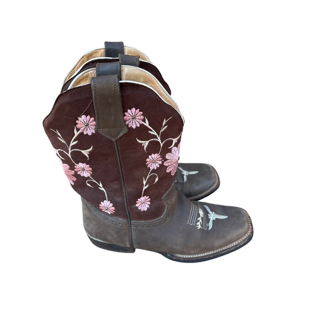JJ Boots Women's 8.5 Brown Leather Cowboy Boots Pink Floral Embroidery
